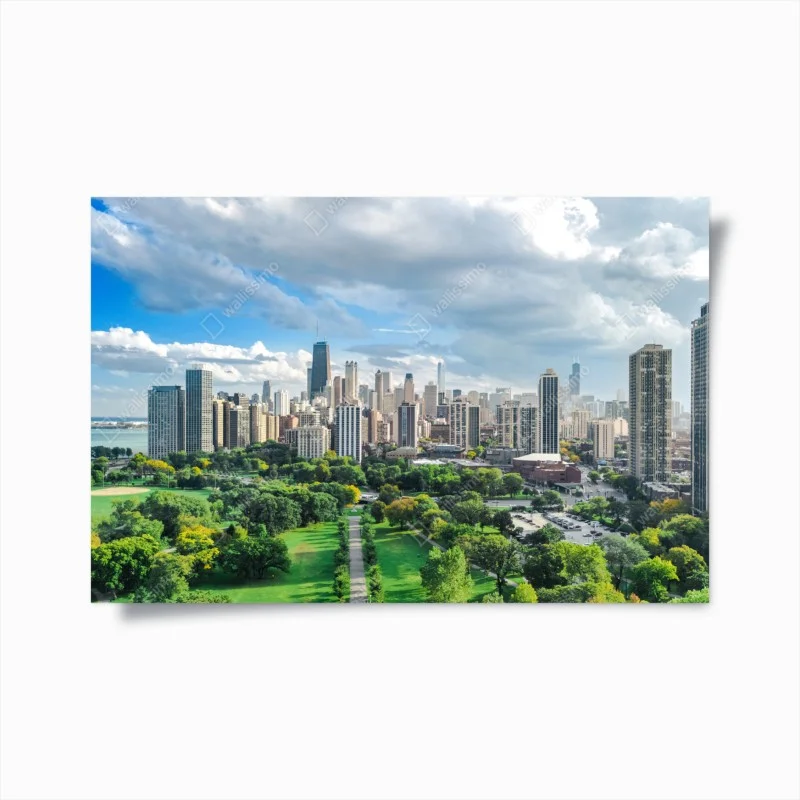 Poster panoramica urbana di Chicago con parco e lago