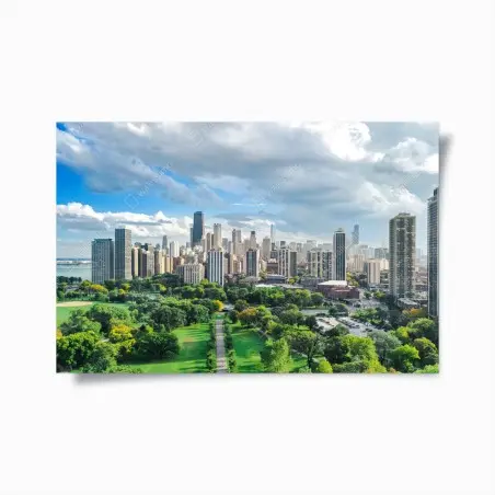 Poster panoramica urbana di Chicago con parco e lago • Wallissimo®