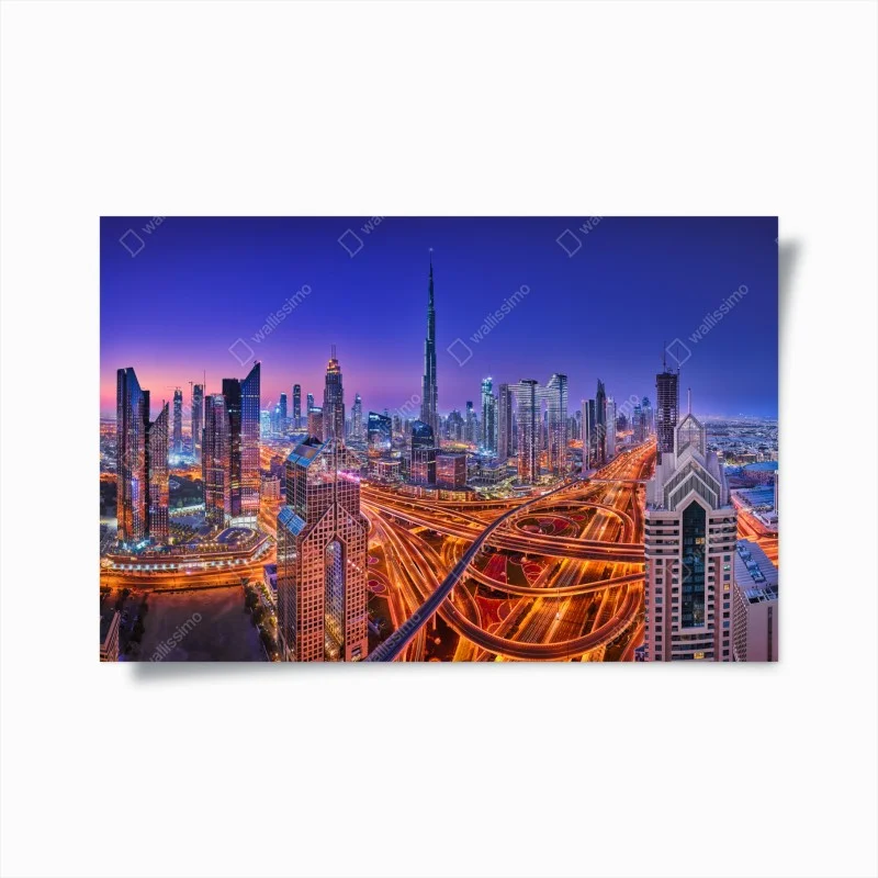 Poster panorama notturno di Dubai: skyline moderno e dinamico • Wallissimo®