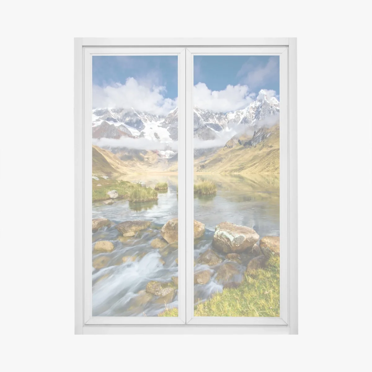 Adesivo per finestra paesaggio montano con lago e cime innevate • Wallissimo® Adesivo per finestra paesaggio montano con lago e cime innevate • Wallissimo®