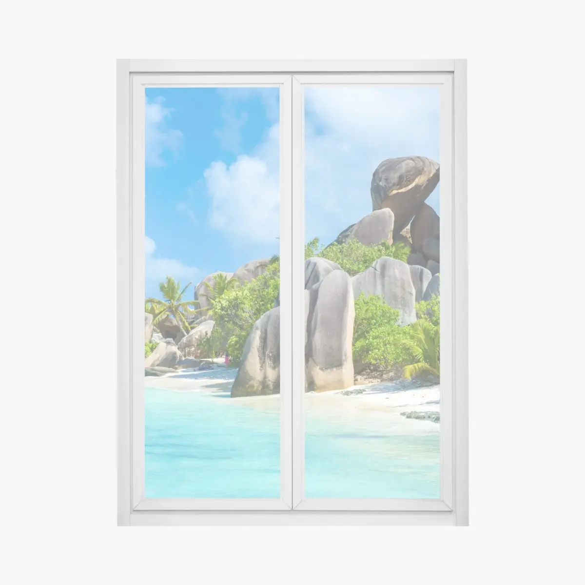 Adesivo per finestra paesaggio paradisiaco a La Digue, Seychelles • Wallissimo®