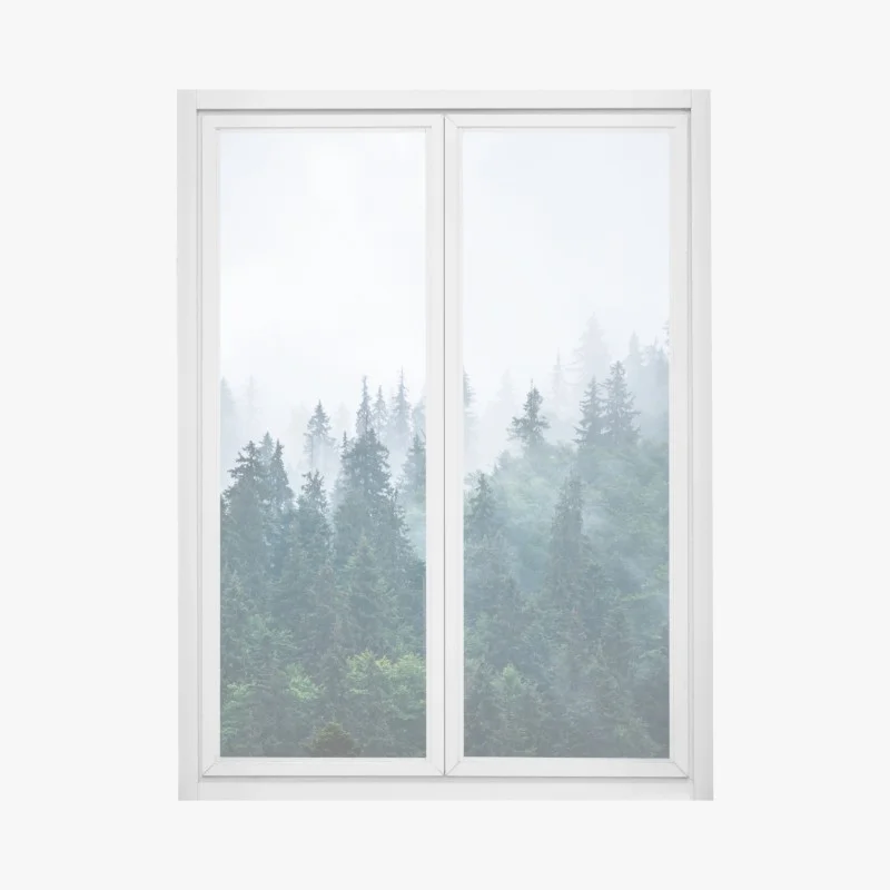 Adesivo per finestra foresta di abeti nella nebbia • Wallissimo®