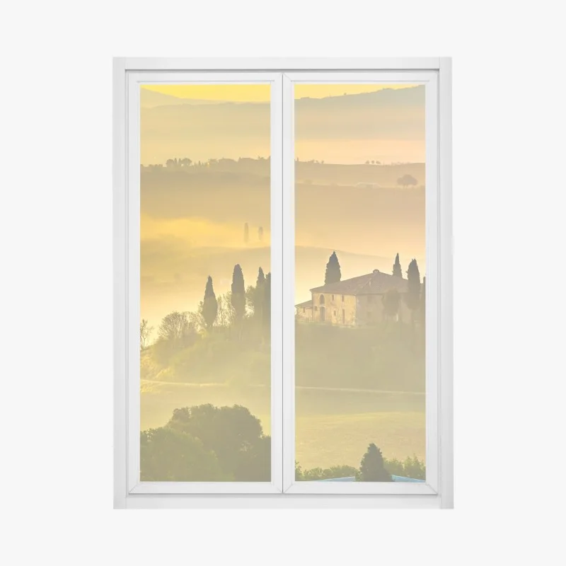 Adesivo per finestra paesaggio della Toscana al mattino dorato