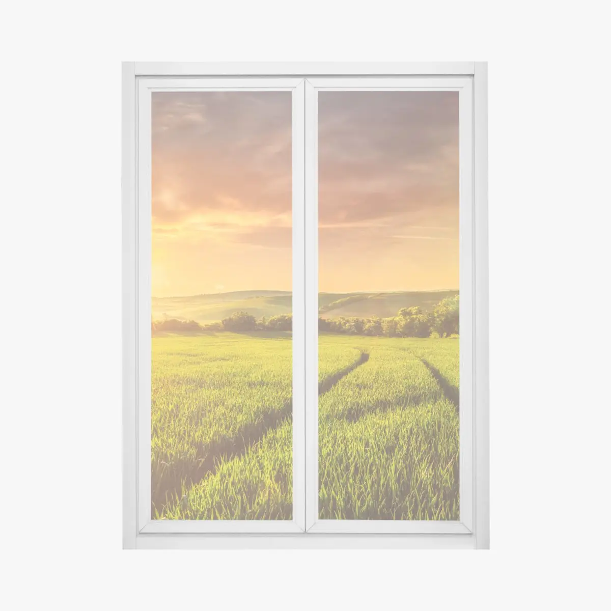 Adesivo per finestra tramonto dorato sulle colline verdi • Wallissimo®