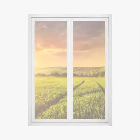 Adesivo per finestra tramonto dorato sulle colline verdi • Wallissimo®