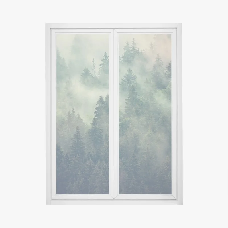 Adesivo per finestra foresta di abeti nella nebbia