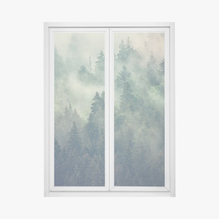 Adesivo per finestra foresta di abeti nella nebbia • Wallissimo®