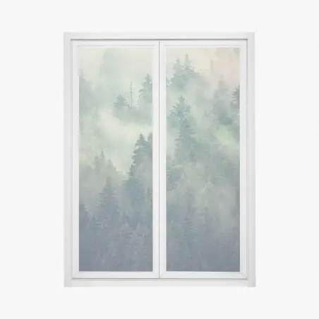 Adesivo per finestra foresta di abeti nella nebbia • Wallissimo®