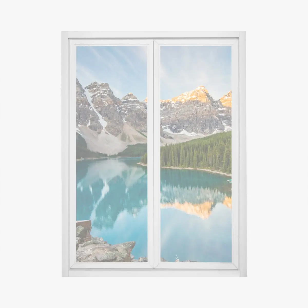 Adesivo per finestra alba sulle montagne: lago turchese e riflessi • Wallissimo®