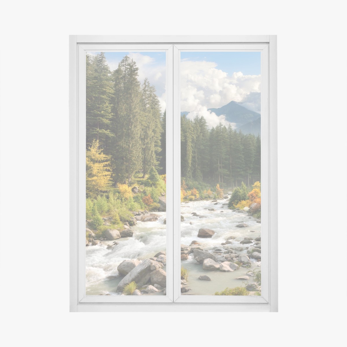 Adesivo per finestra paesaggio montano autunnale con fiume e foresta • Wallissimo®
