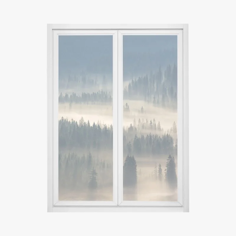 Adesivo per finestra nebbia tra gli abeti - panorama montano