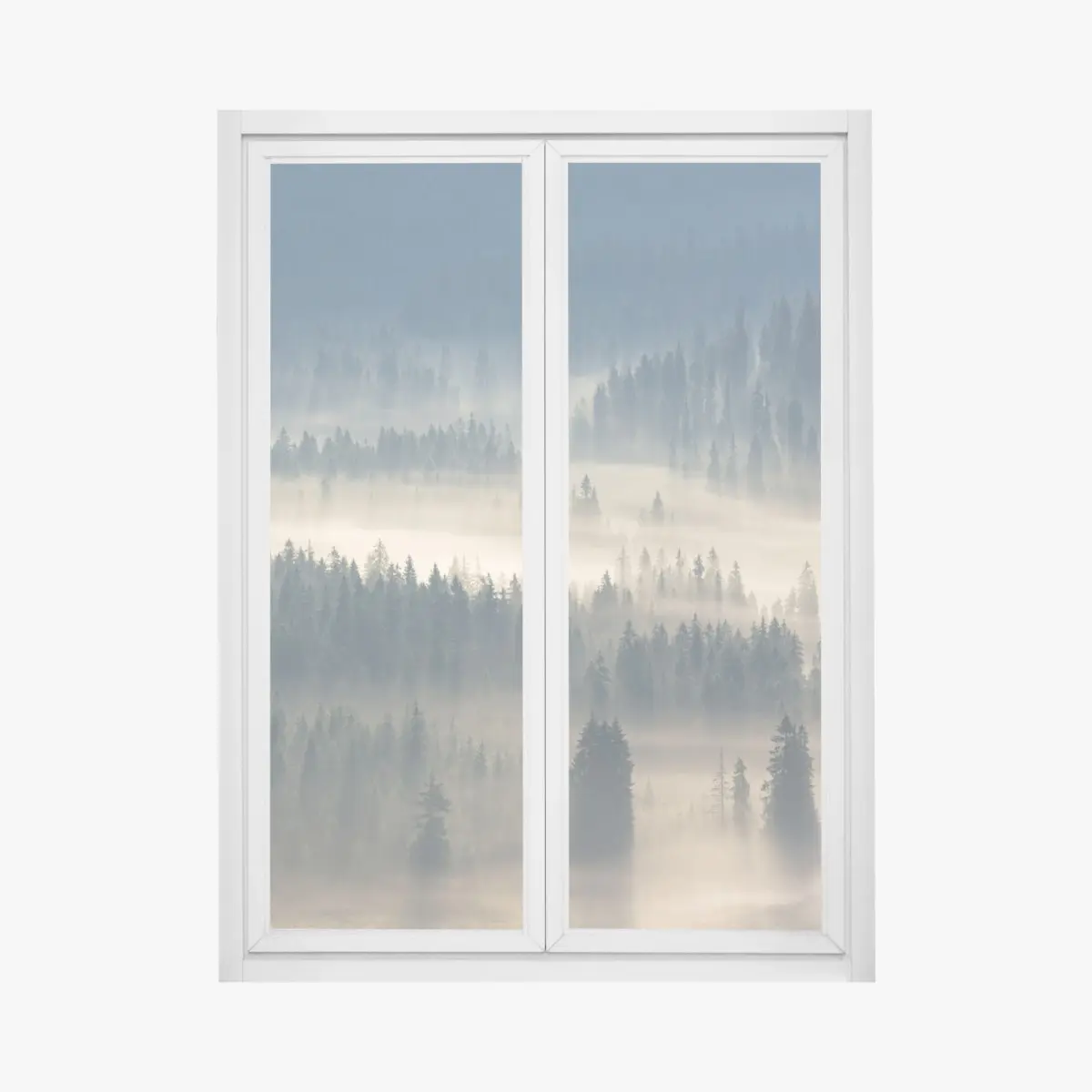 Adesivo per finestra nebbia tra gli abeti - panorama montano • Wallissimo®