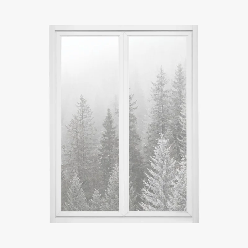 Adesivo per finestra bosco invernale avvolto dalla nebbia nei Carpazi