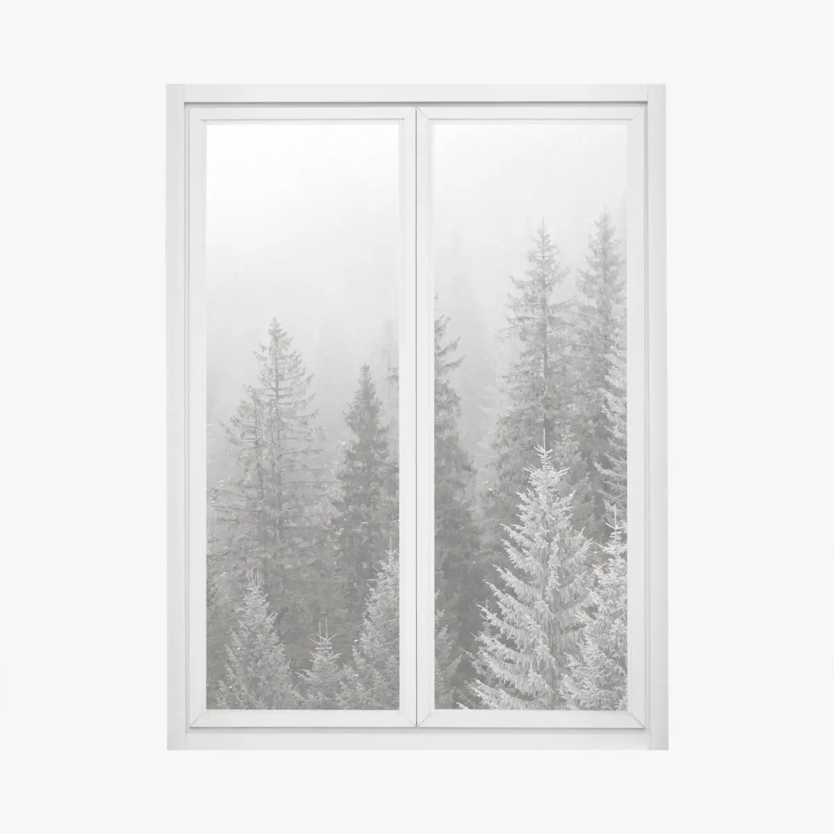 Adesivo per finestra bosco invernale avvolto dalla nebbia nei Carpazi • Wallissimo®