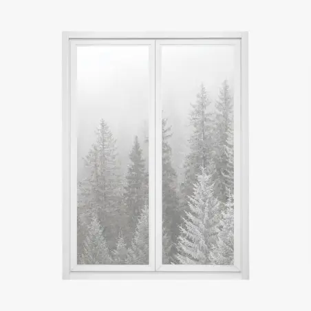 Adesivo per finestra bosco invernale avvolto dalla nebbia nei Carpazi • Wallissimo®