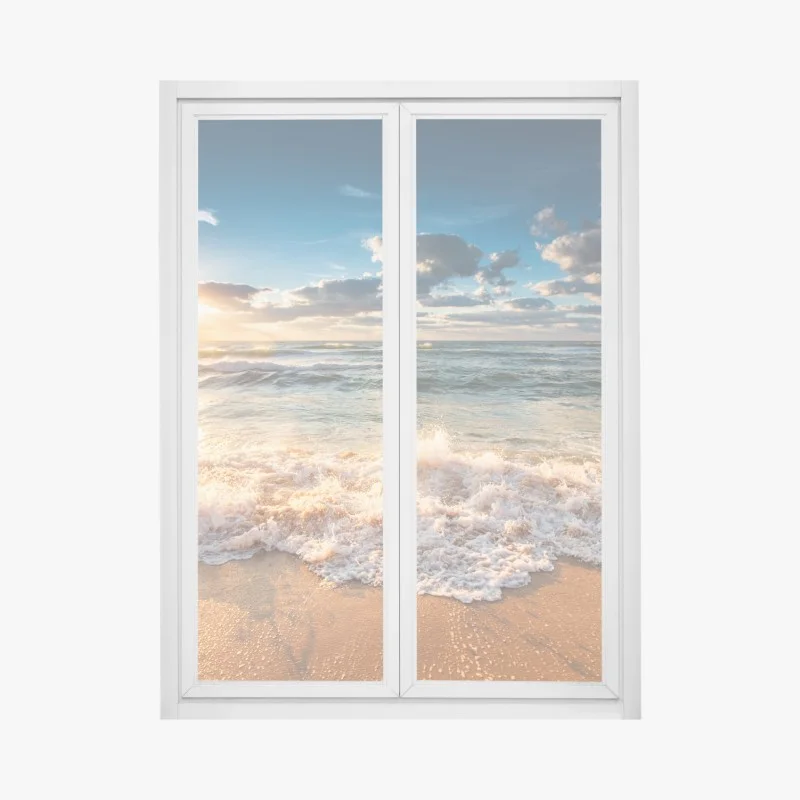 Adesivo per finestra alba sul mare: onde dorate e cielo spettacolare