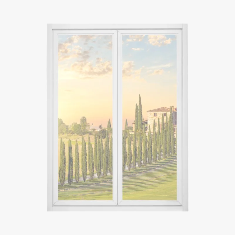 Adesivo per finestra tramonto in Toscana: viale di cipressi e villa sulle colline