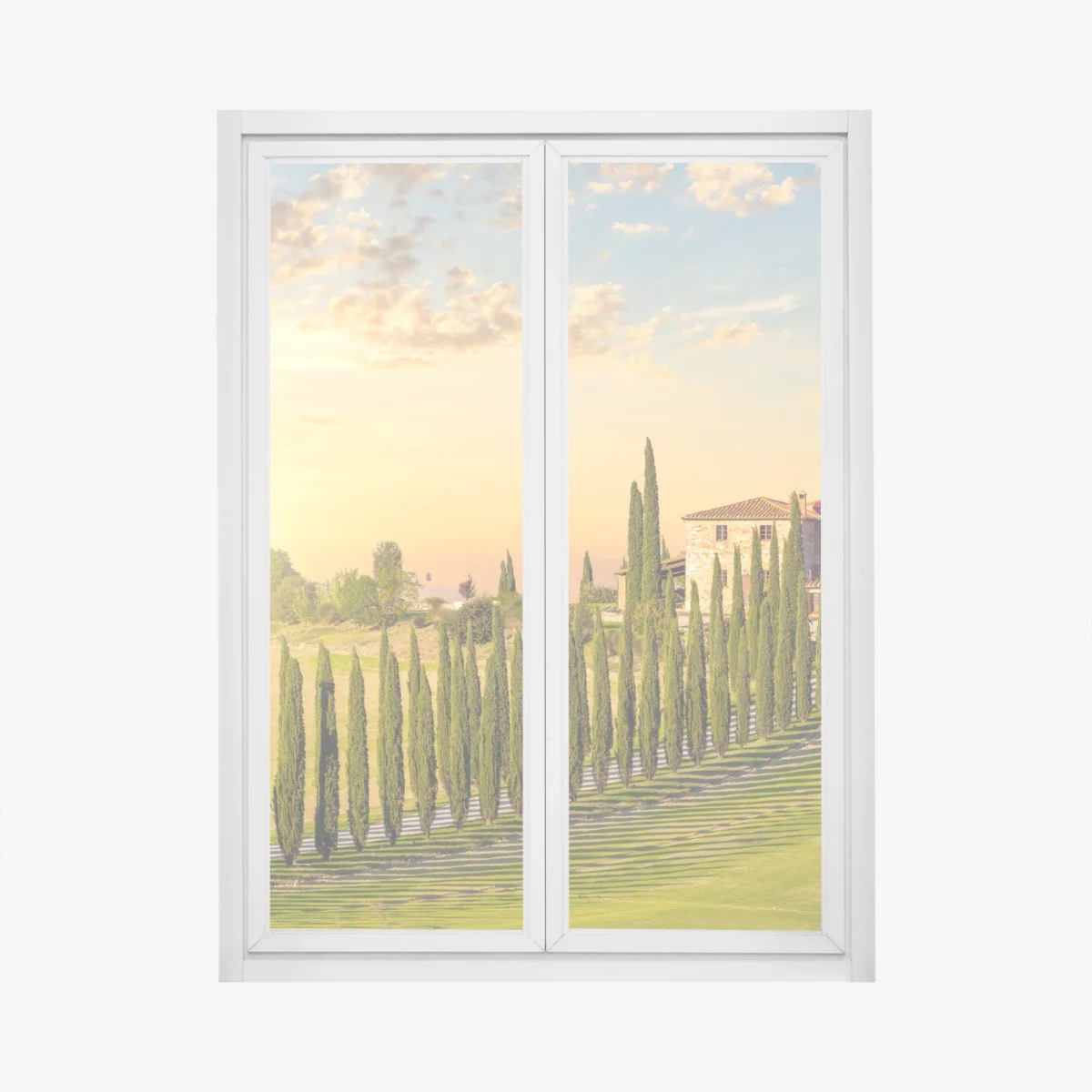 Adesivo per finestra tramonto in Toscana: viale di cipressi e villa sulle colline • Wallissimo® Adesivo per finestra tramonto in Toscana: viale di cipressi e villa sulle colline • Wallissimo®