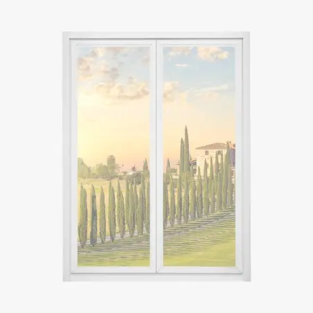 Adesivo per finestra tramonto in Toscana: viale di cipressi e villa sulle colline • Wallissimo®