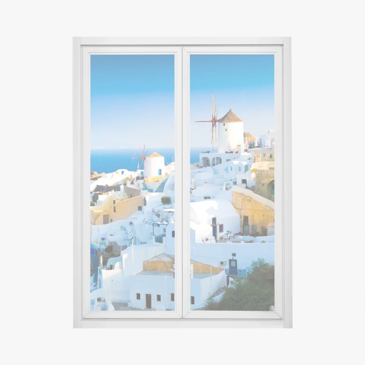 Adesivo per finestra panorama di Santorini con mulini a vento • Wallissimo® Adesivo per finestra panorama di Santorini con mulini a vento • Wallissimo®