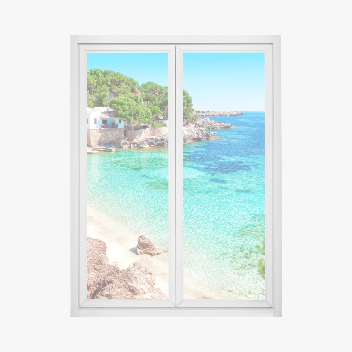 Adesivo per finestra baia turchese e pineta mediterranea • Wallissimo®