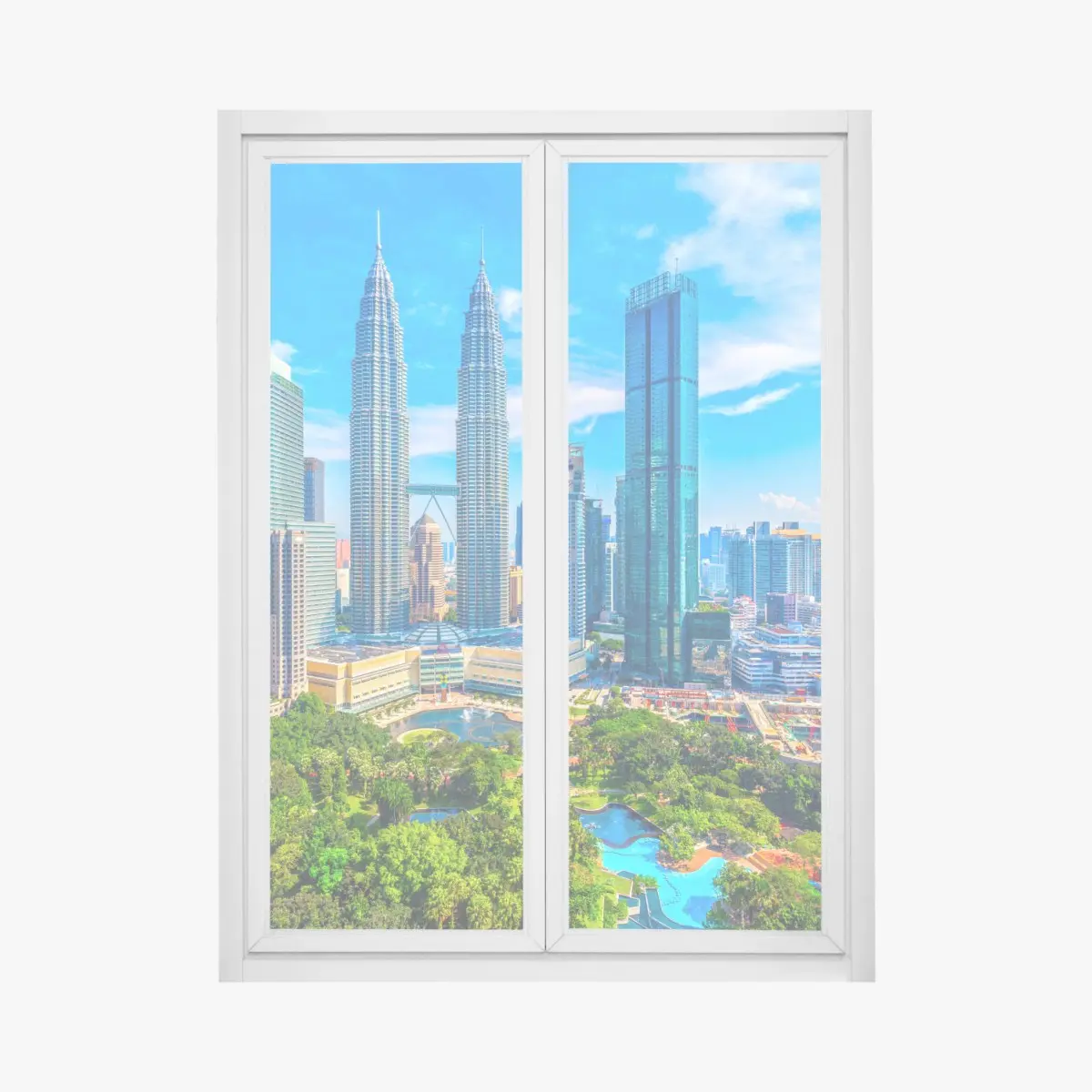 Adesivo per finestra panorama urbano di Kuala Lumpur con le torri Petronas • Wallissimo®