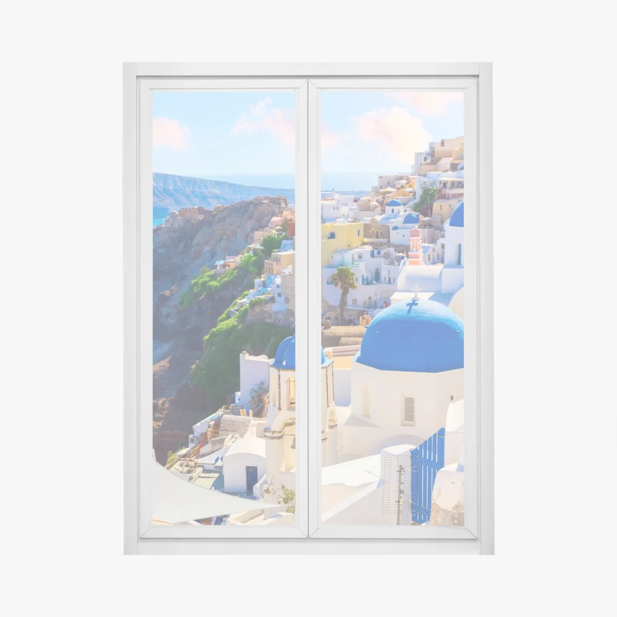Adesivo per finestra panoramica di Santorini con cupole blu • Wallissimo® Adesivo per finestra panoramica di Santorini con cupole blu • Wallissimo®