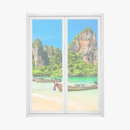 Adesivo per finestra oasi tropicale in Thailandia con barche tradizionali • Wallissimo®