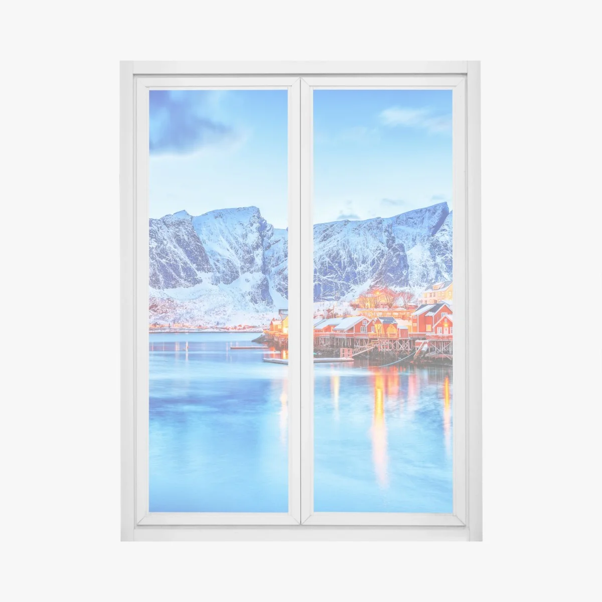 Adesivo per finestra villaggio di case rosse sul fiordo innevato • Wallissimo® Adesivo per finestra villaggio di case rosse sul fiordo innevato • Wallissimo®
