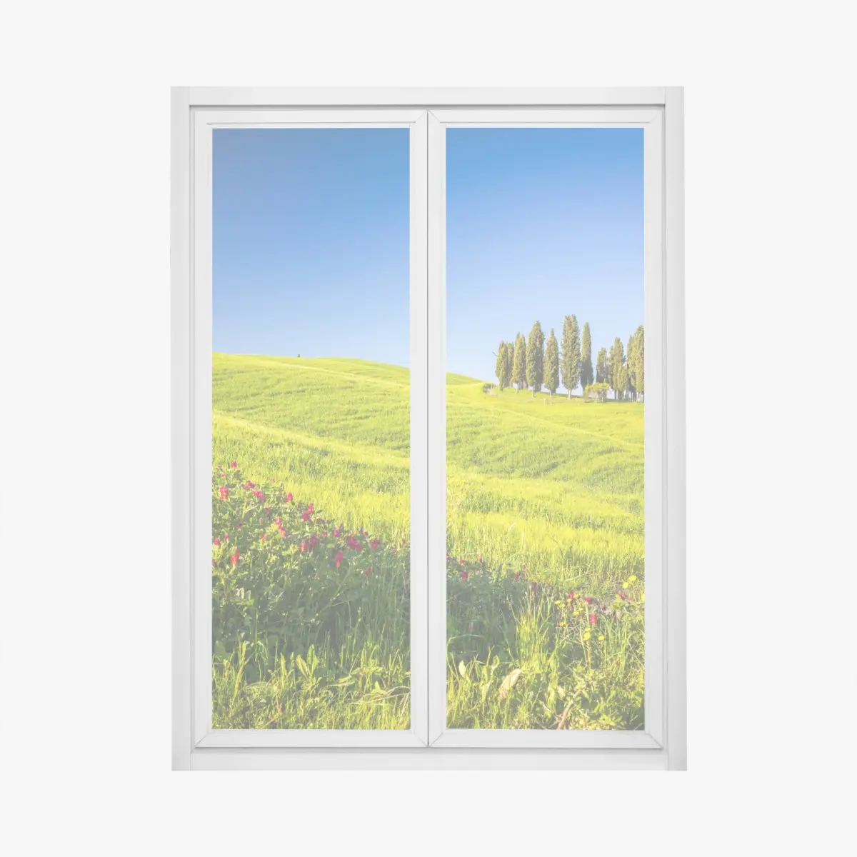 Adesivo per finestra colline verdi con filare di cipressi • Wallissimo®