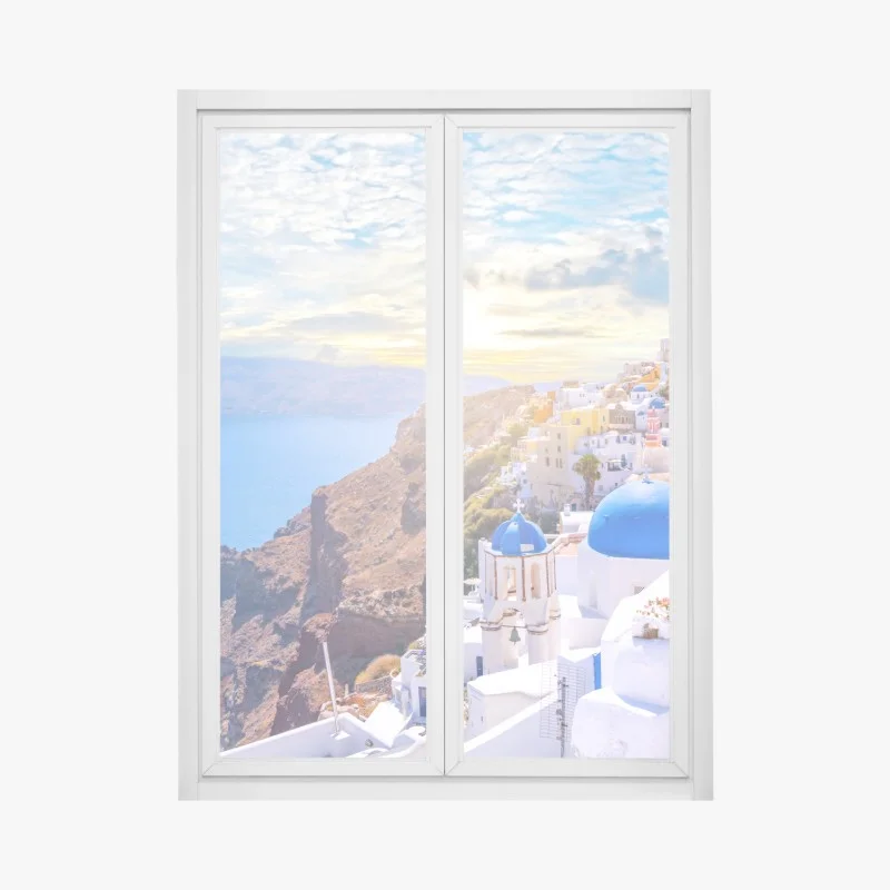 Adesivo per finestra scorcio di Oia, Santorini con cupole blu