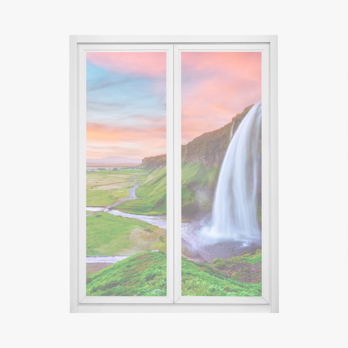 Adesivo per finestra cascata al tramonto a Seljalandsfoss • Wallissimo®