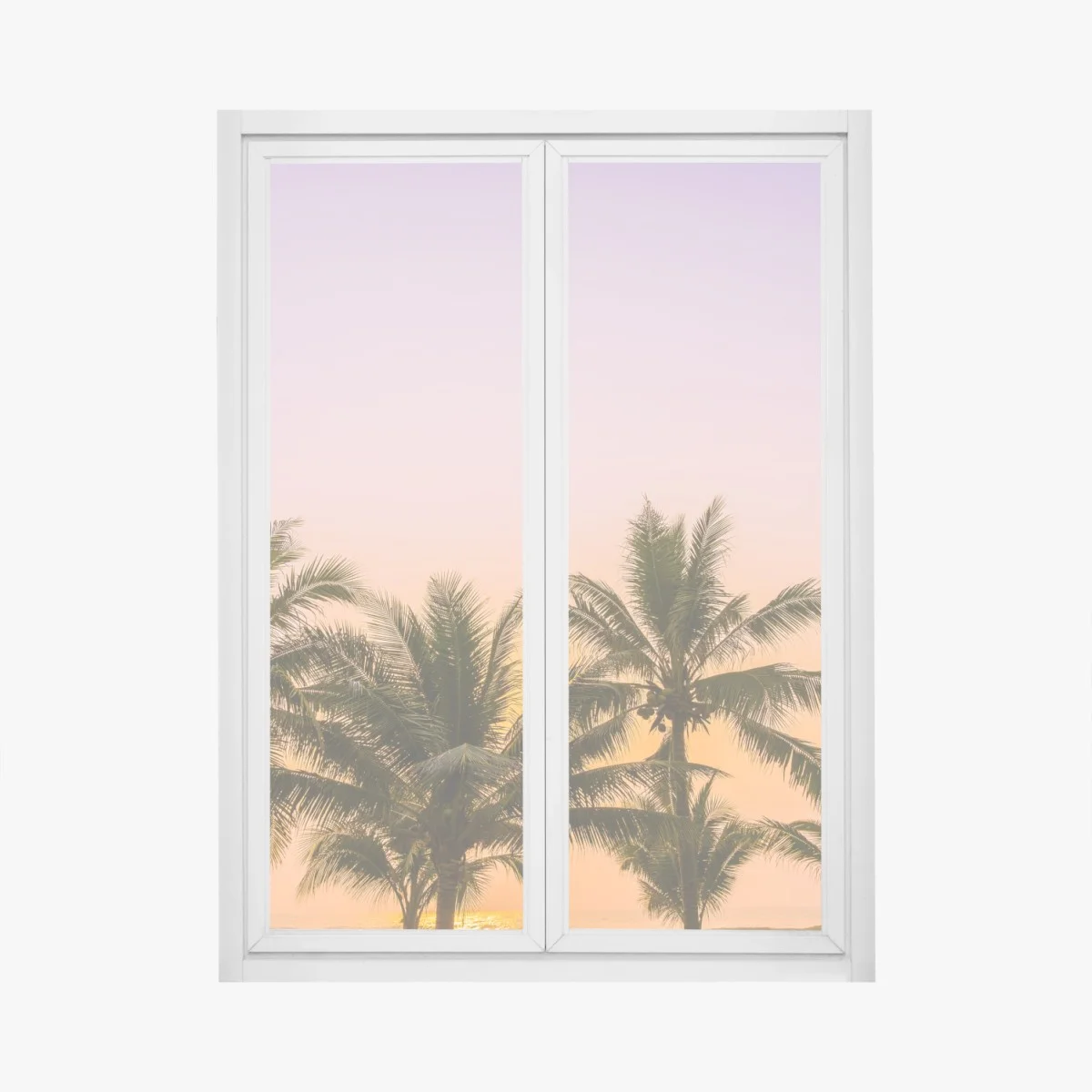 Adesivo per finestra tramonto tropicale con palme sulla spiaggia • Wallissimo® Adesivo per finestra tramonto tropicale con palme sulla spiaggia • Wallissimo®