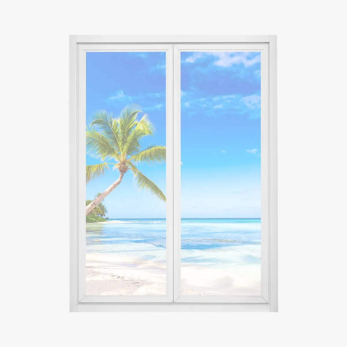 Adesivo per finestra paesaggio tropicale con palma inclinata sul mare • Wallissimo®