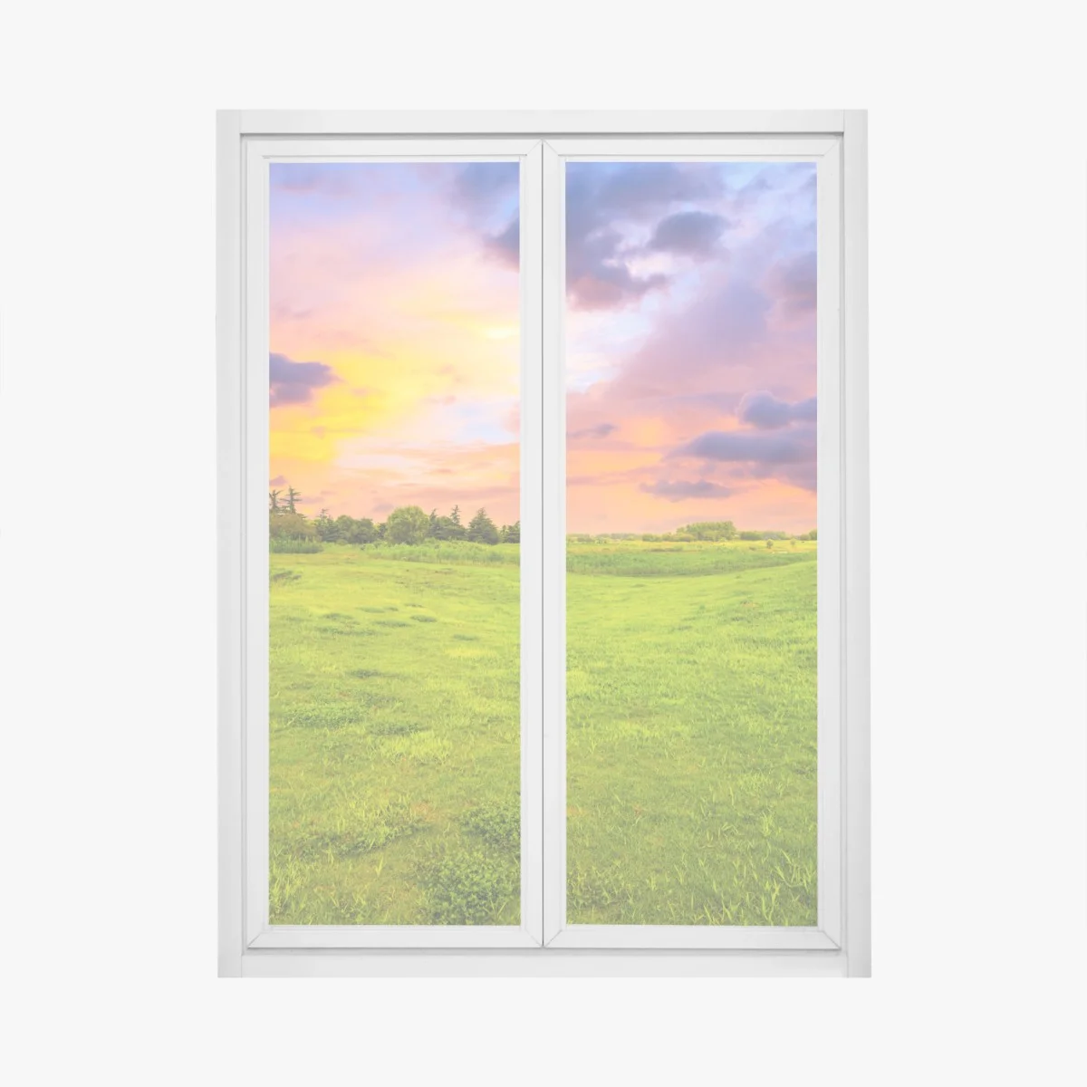 Adesivo per finestra tramonto sul prato verde • Wallissimo® Adesivo per finestra tramonto sul prato verde • Wallissimo®