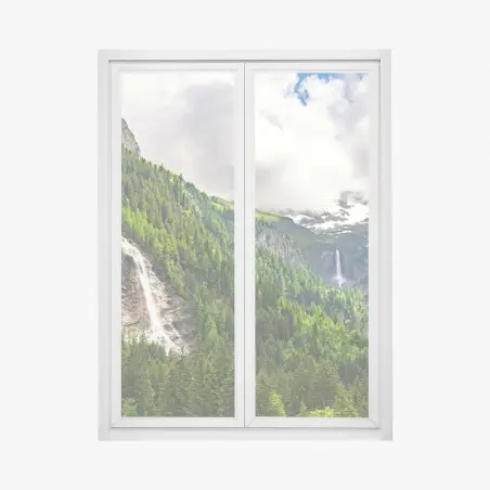 Adesivo per finestra paesaggio montano con cascate e foresta • Wallissimo®