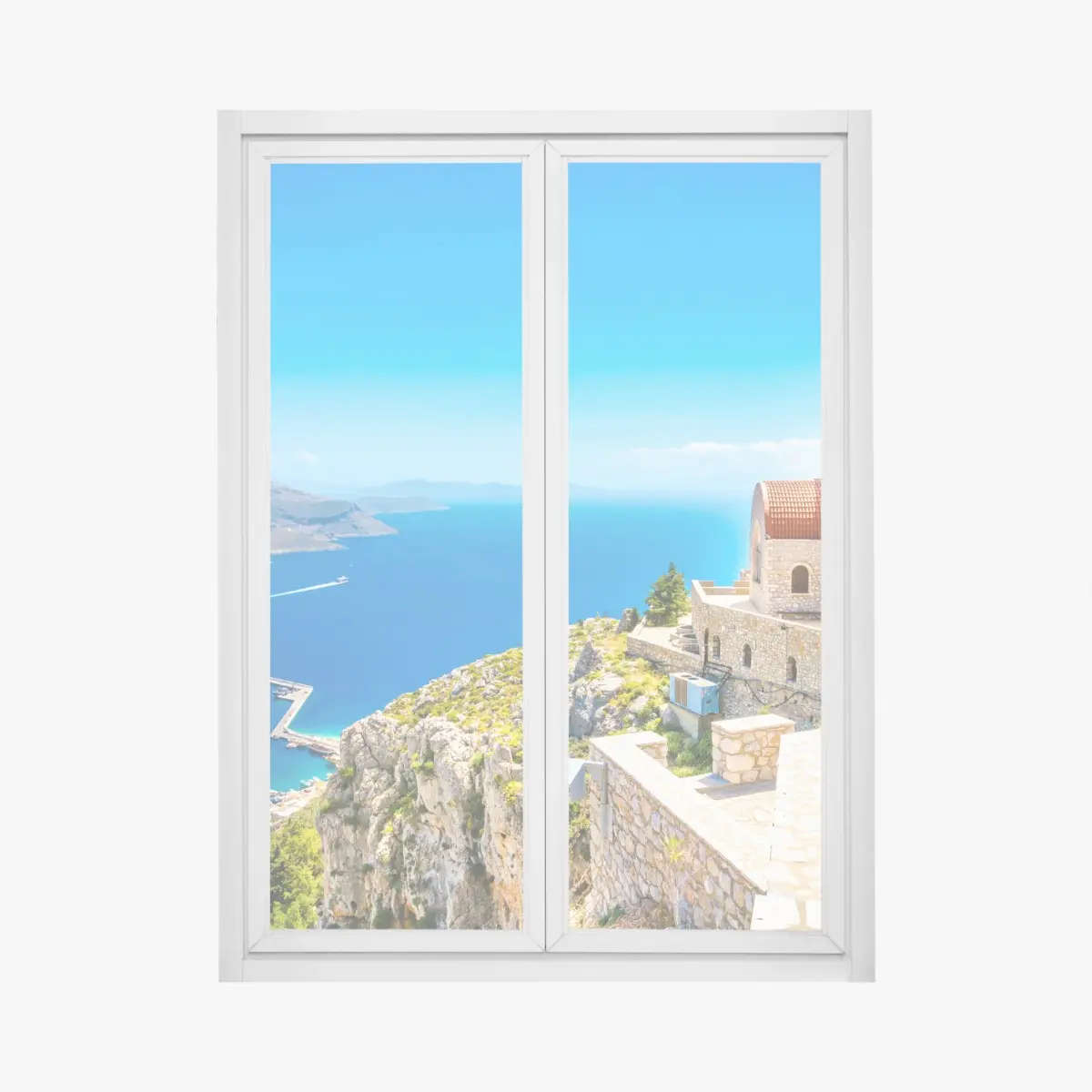 Adesivo per finestra chiesa sulla scogliera con vista sul mare • Wallissimo®