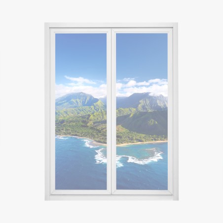 Adesivo per finestra panorama costiero tropicale con montagne e oceano • Wallissimo®