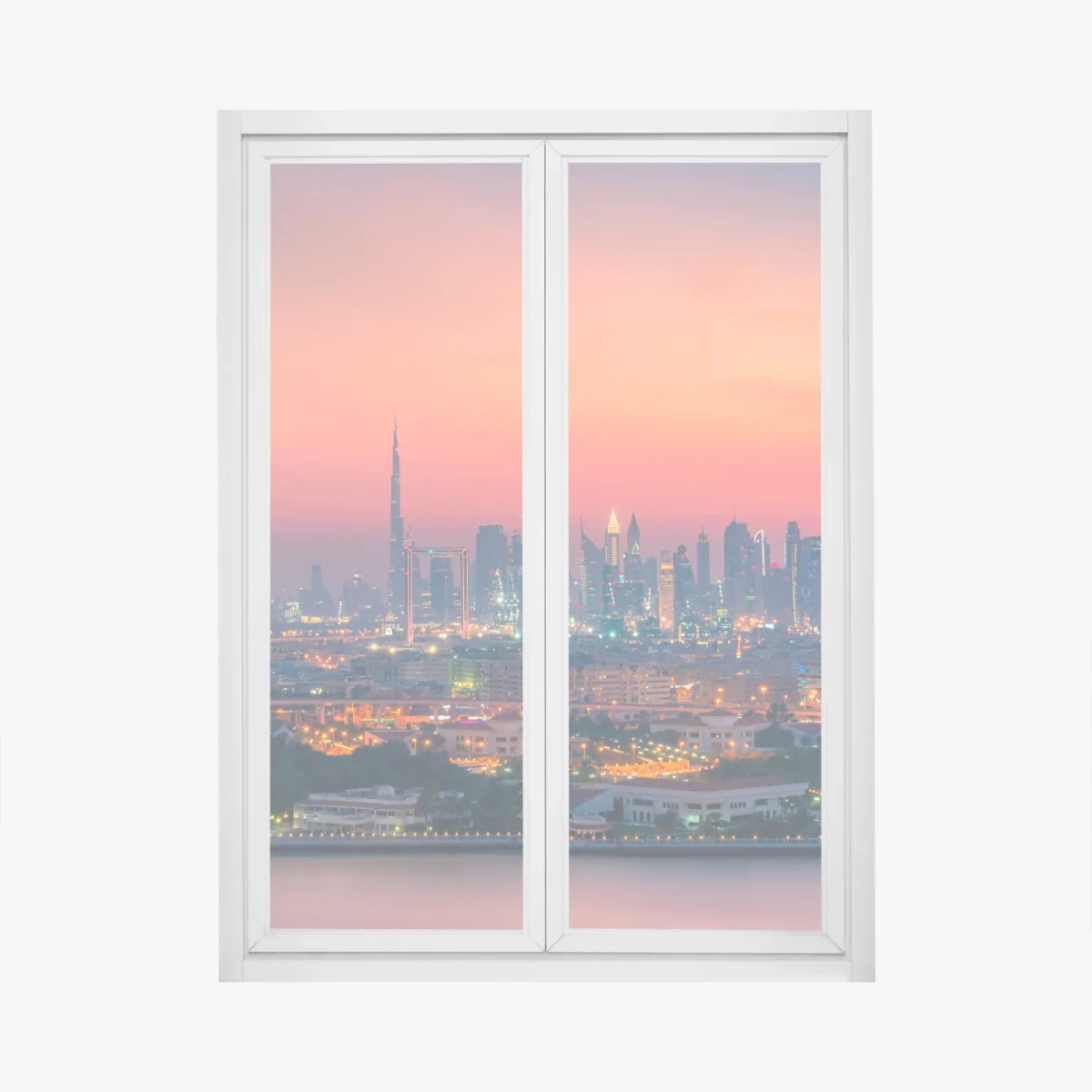 Adesivo per finestra tramonto sullo skyline di Dubai • Wallissimo® Adesivo per finestra tramonto sullo skyline di Dubai • Wallissimo®
