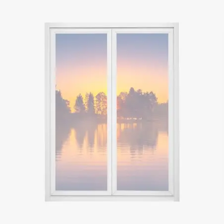 Adesivo per finestra lago al tramonto con riflessi dorati • Wallissimo®