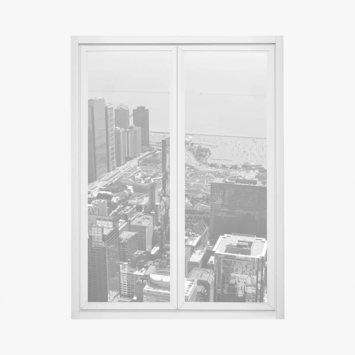 Adesivo per finestra panorama urbano in bianco e nero con skyline e lago • Wallissimo® Adesivo per finestra panorama urbano in bianco e nero con skyline e lago • Wallissimo®