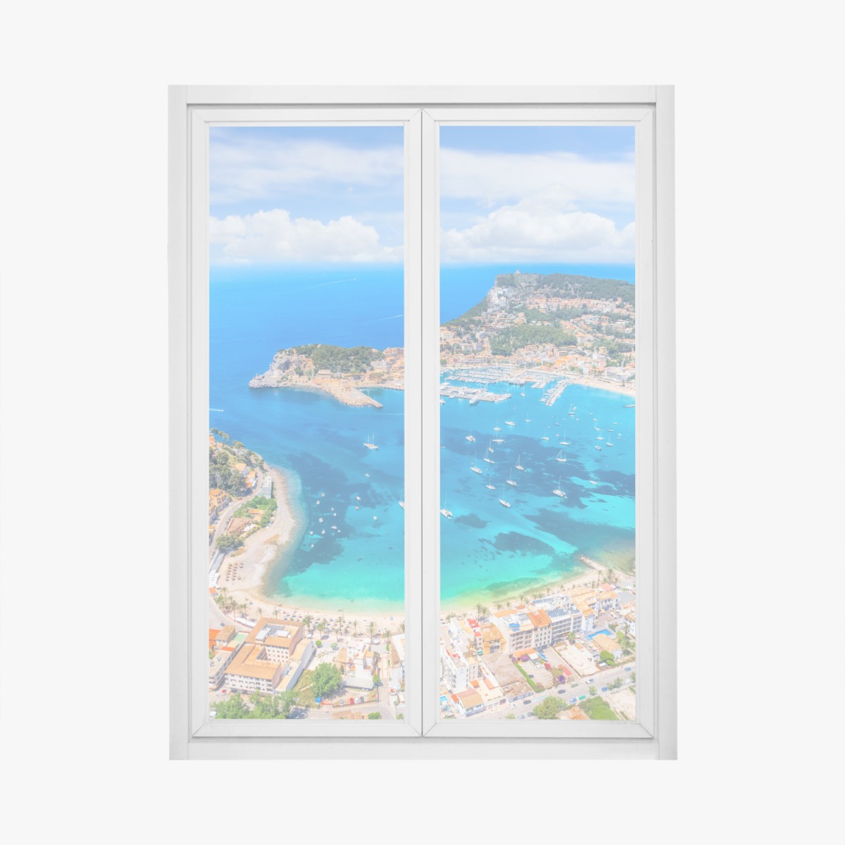 Adesivo per finestra panorama aereo della baia di Port de Sóller, Maiorca • Wallissimo®