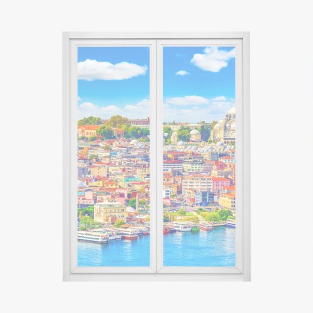 Adesivo per finestra panorama urbano di Istanbul con moschea e marina • Wallissimo®