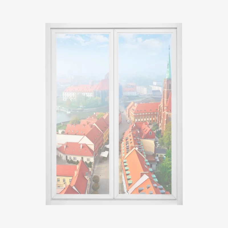 Adesivo per finestra panorama urbano storico con tetti rossi e chiesa gotica