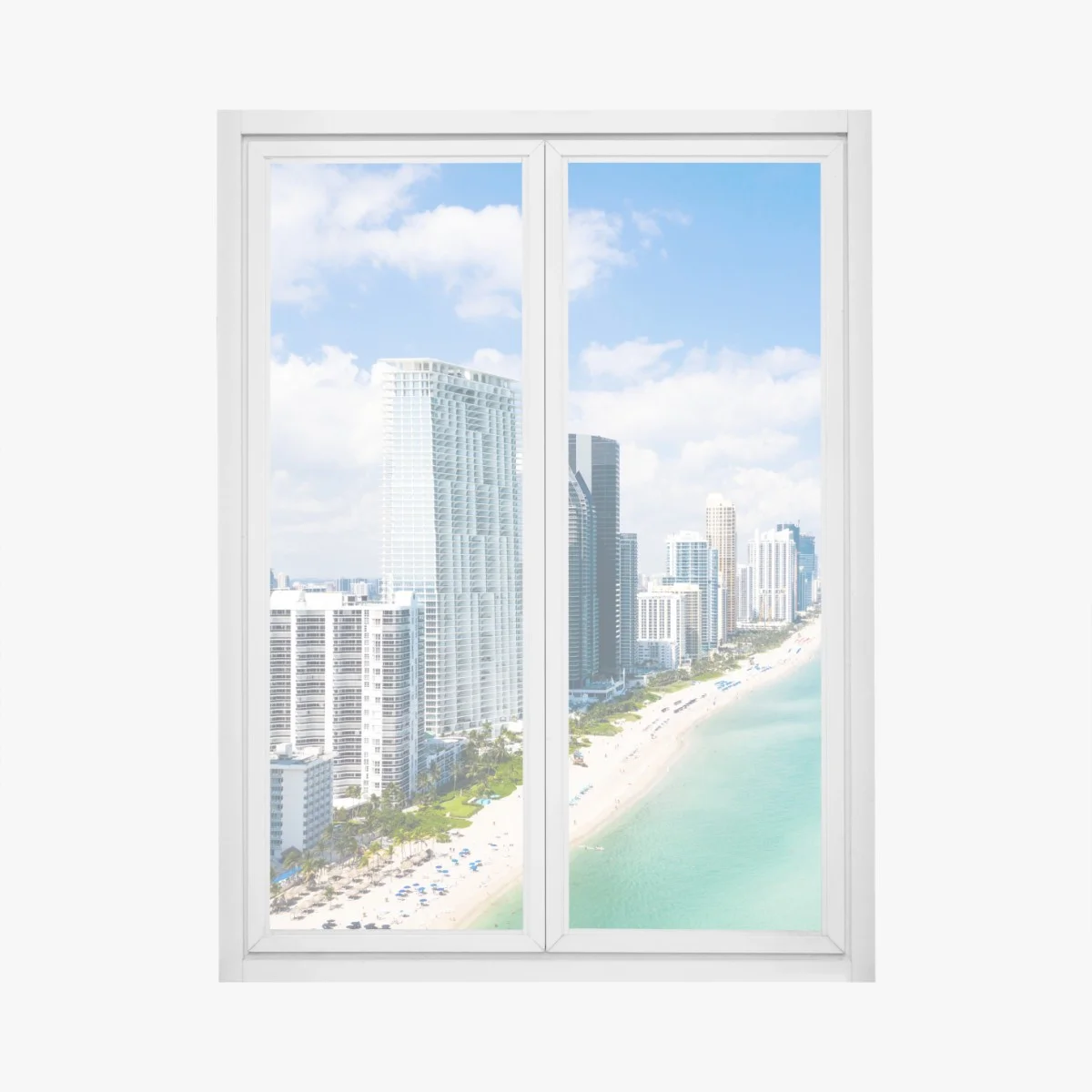 Adesivo per finestra panorama costiero con skyline moderno e mare turchese • Wallissimo® Adesivo per finestra panorama costiero con skyline moderno e mare turchese • Wallissimo®
