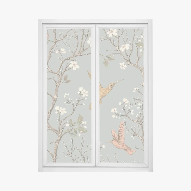 Adesivo per finestra rami fioriti e colibrì su sfondo grigio