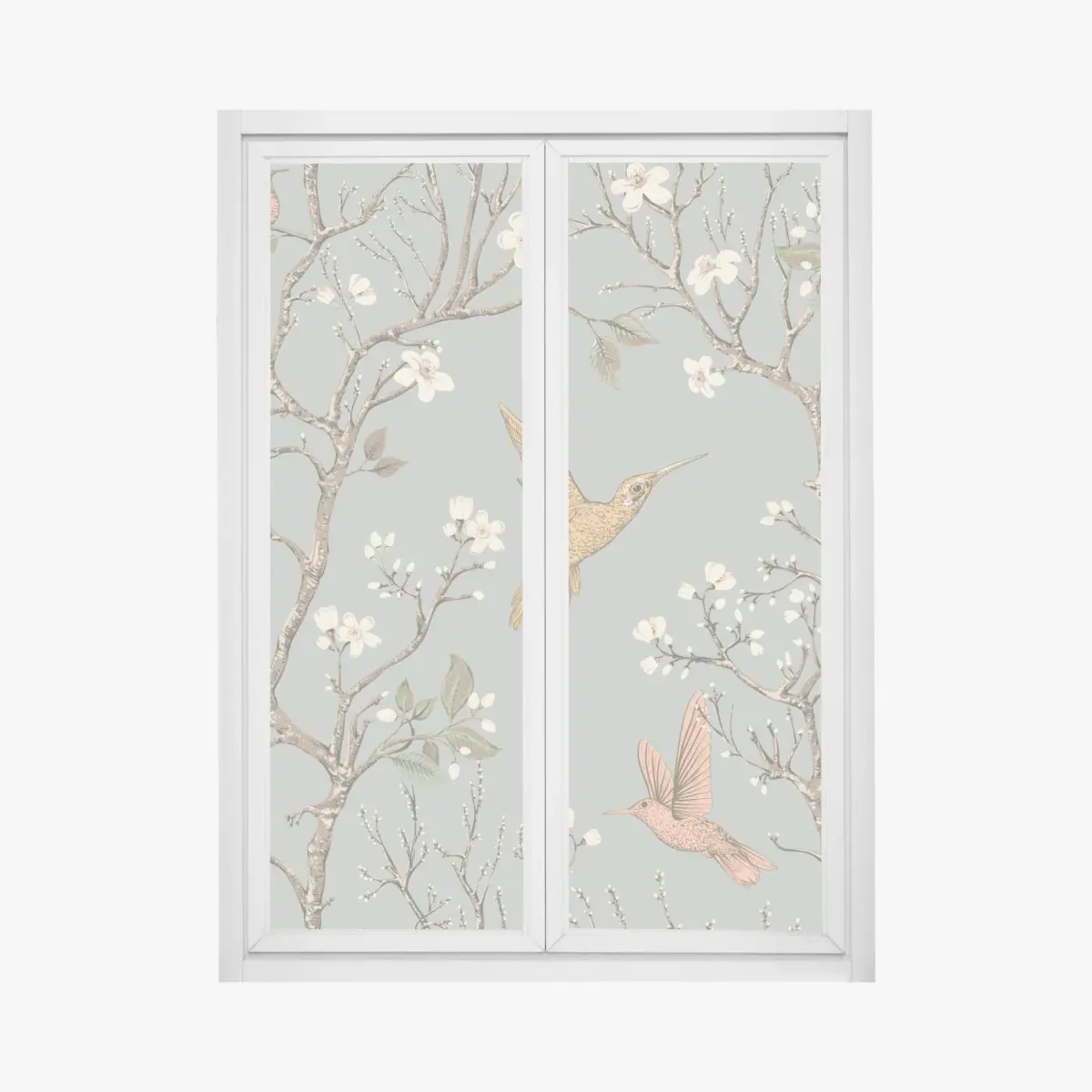 Adesivo per finestra rami fioriti e colibrì su sfondo grigio • Wallissimo®