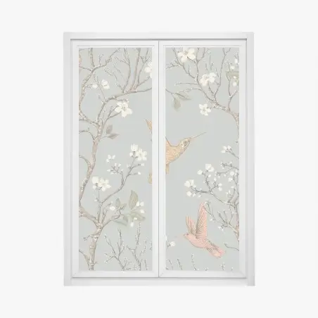 Adesivo per finestra rami fioriti e colibrì su sfondo grigio • Wallissimo®
