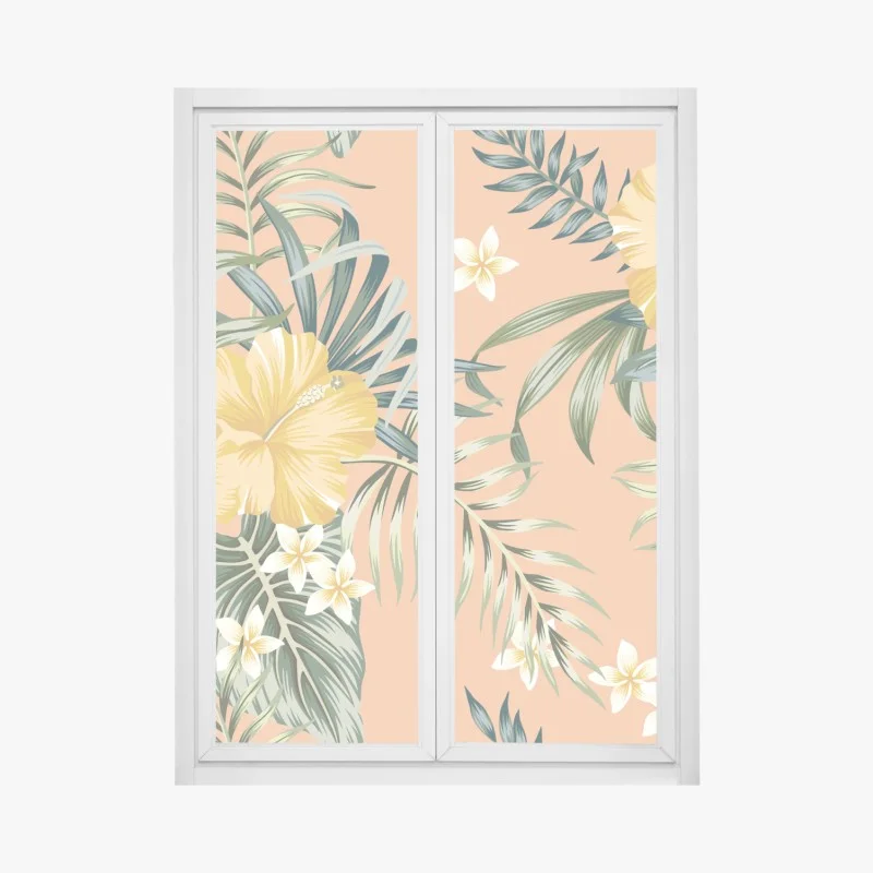 Adesivo per finestra motivo botanico tropicale con ibisco giallo
