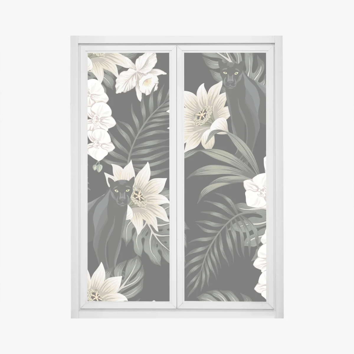 Adesivo per finestra pantera nera tra fiori tropicali • Wallissimo® Adesivo per finestra pantera nera tra fiori tropicali • Wallissimo®